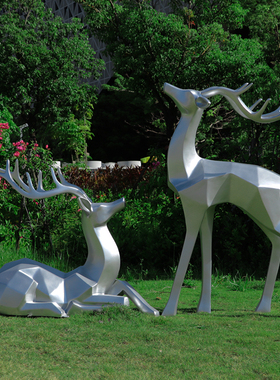 几何梅花鹿雕塑售楼部户外小区园林景观玻璃钢抽象块面鹿小品摆件