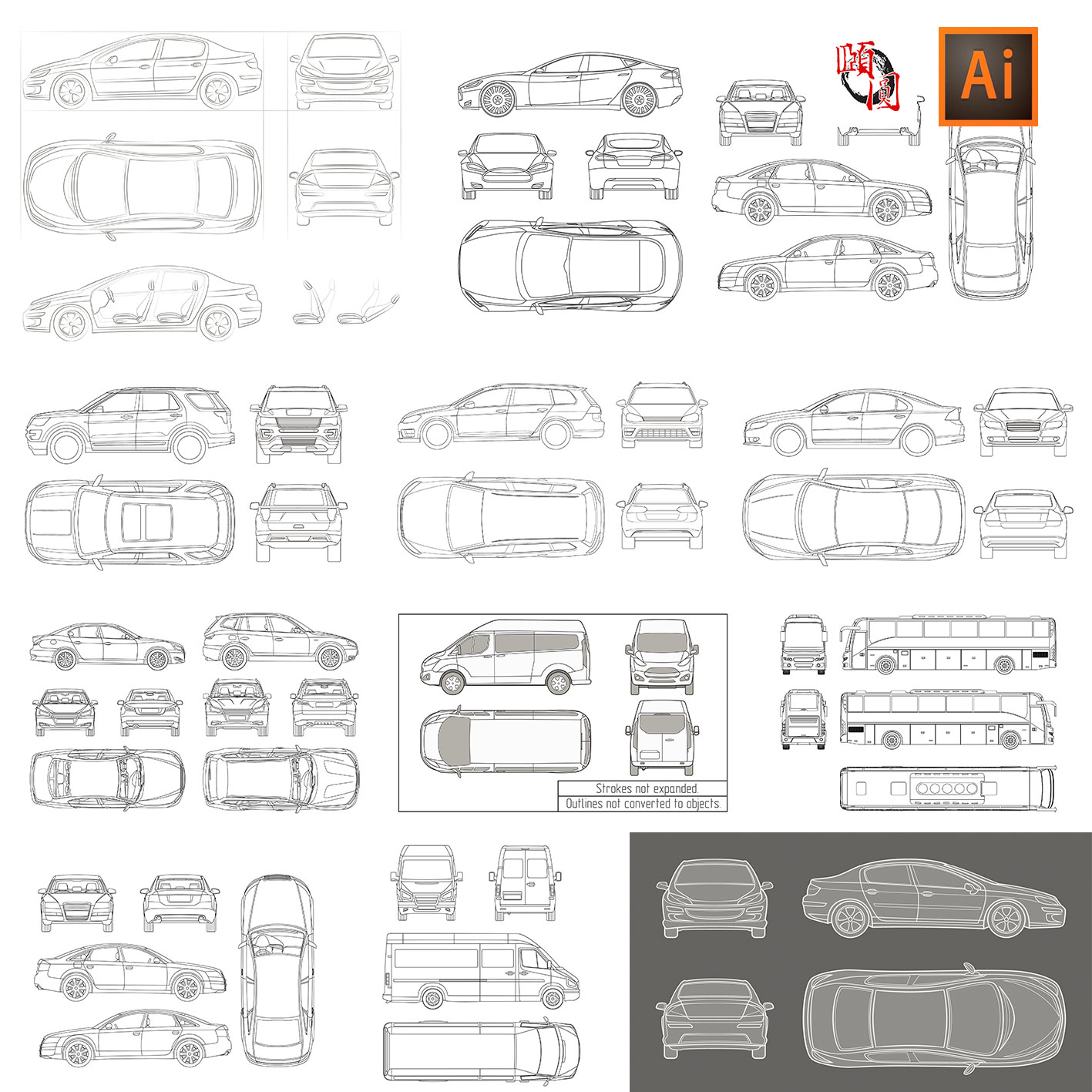 汽车线条轮廓四面结构透视图AI矢量设计素材