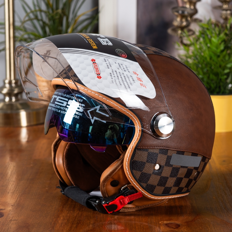 大头围3C认证双镜片新国标皮面电动摩托车男女通用复古秋冬季头盔