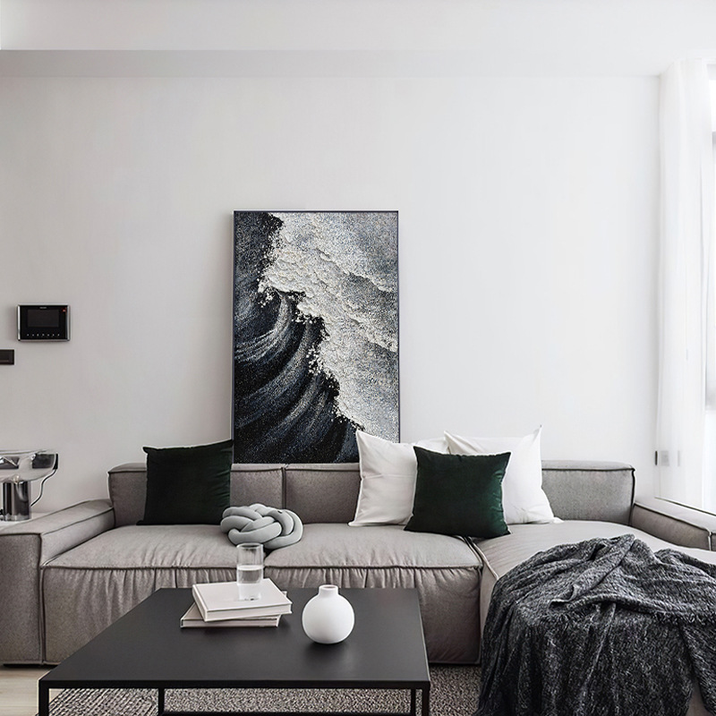 抽象黑白色海浪客厅装饰画立体浪花砂岩肌理手绘画玄关挂画