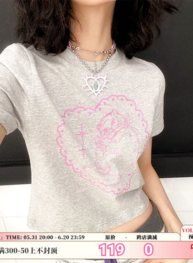化学少女「别灰心」夏季粉色爱心猫咪图案印花短袖T恤圆领上衣女