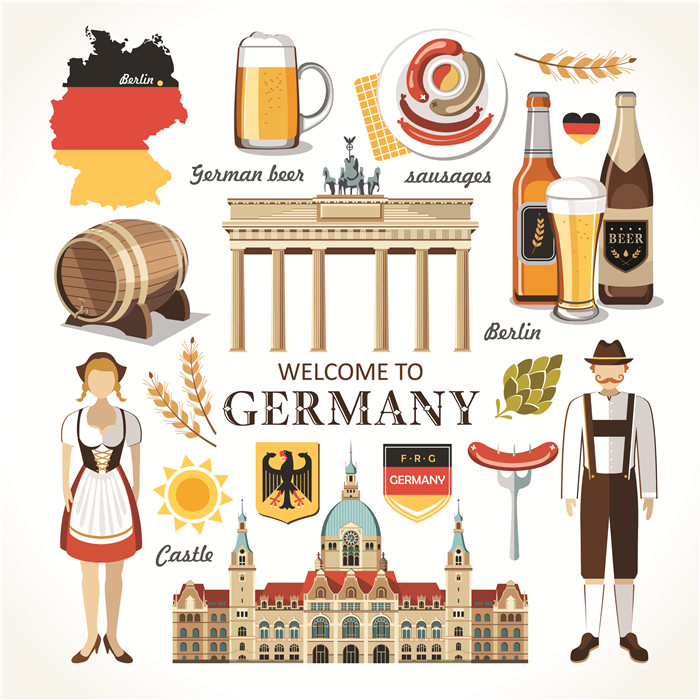 A1131矢量AI设计素材 扁平化德国文化图标啤酒建筑烤肠地图纹章