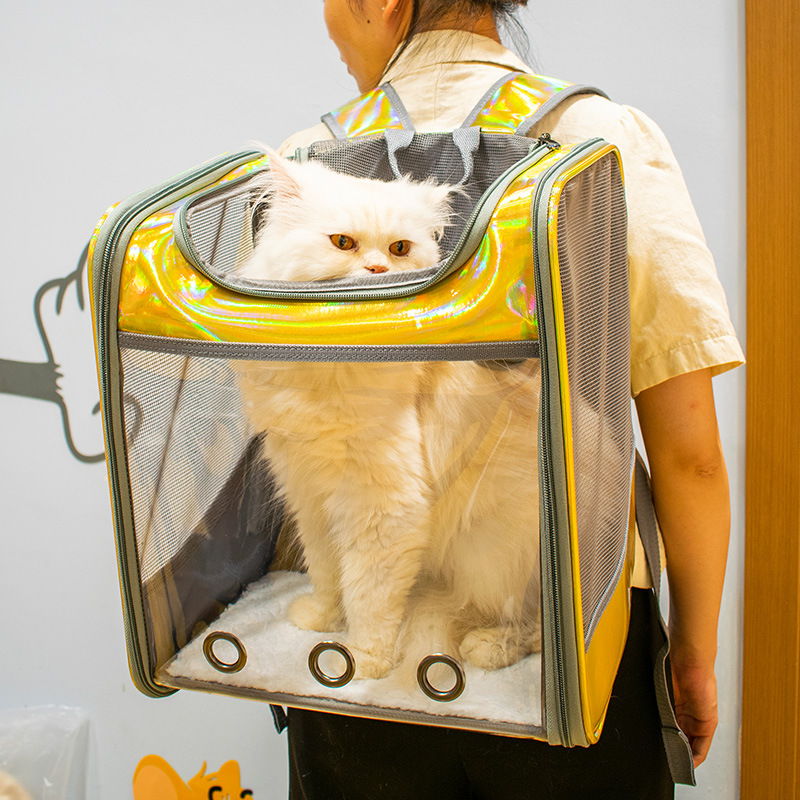 宠物猫包双肩大容量透明外出透气拉链镭射方糖可折叠便携猫咪狗犬