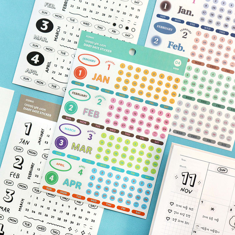 韩国iconic小清新手绘字体彩色月份日期小贴纸组手账台历装饰贴画