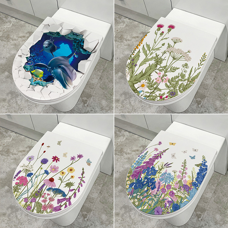 家用马桶盖贴纸厕所卫生间自粘装饰可爱海豚手绘鲜花蝴蝶马桶贴画