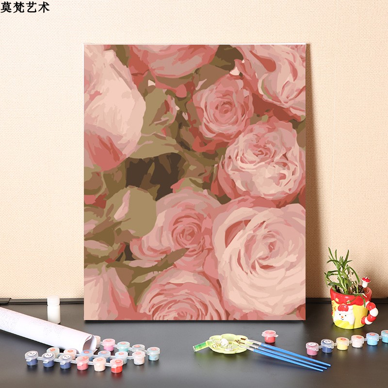 数字油画diy填充手工少女粉色浪漫玫瑰花卉填色手绘丙烯油彩画画