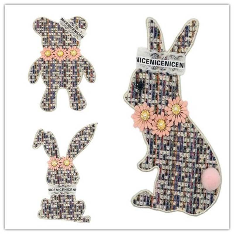 提花布卡通刺绣手工花朵可爱熊兔子布贴图案童装毛衣书包装饰补丁