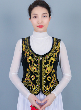 新疆舞演出服金丝绒刺绣烫钻女士背心维吾尔族广场舞舞蹈短款马甲