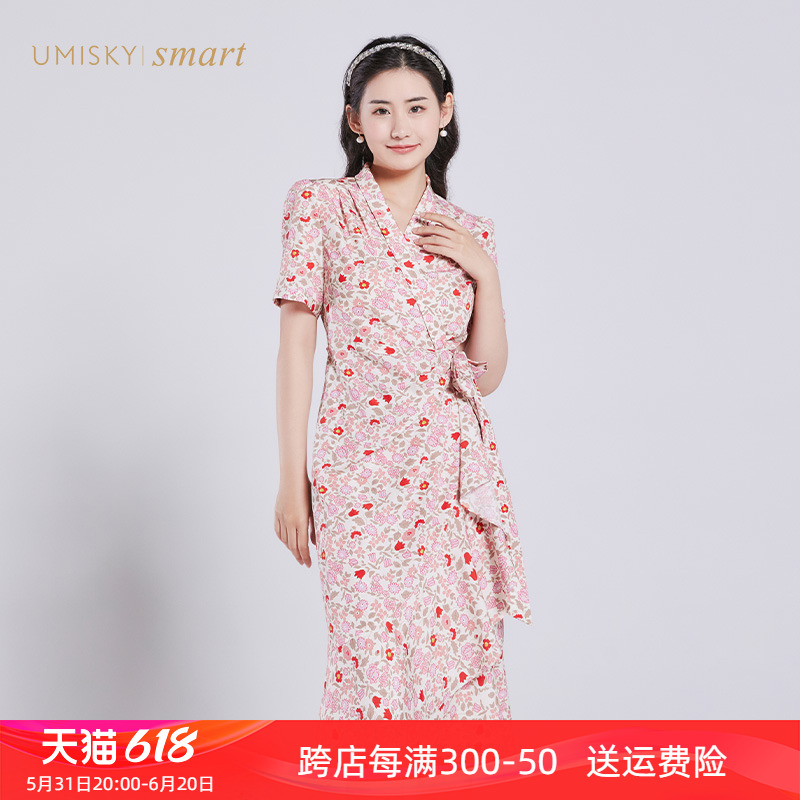 umisky优美世界女装夏季优雅茶歇裙时尚印花连衣裙VI2D3011