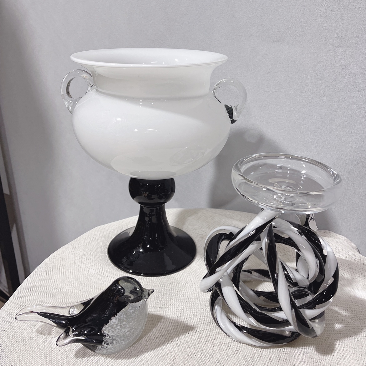 Vintage 中古老货黑白色复古法式双耳设计侘寂风艺术琉璃花瓶装饰
