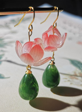 莲花耳坠粉色花朵绿色水滴耳环耳夹中式小众原创设计超仙女风耳饰