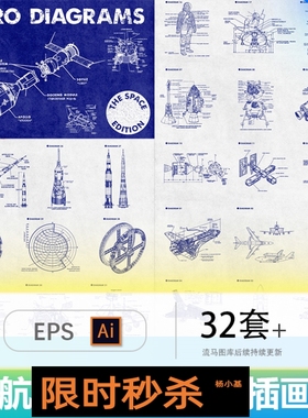 航天航空宇宙飞船火箭卫星雷达宇航服设计图纸蓝图插画AI矢量素材
