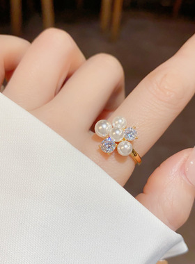 韩式优雅精致花束珍珠戒指高级感轻奢指环时尚网红个性可调节戒子