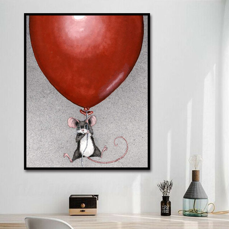 可爱卡通创意红气球老鼠diy数字油彩画简单易画儿童房装饰画挂画