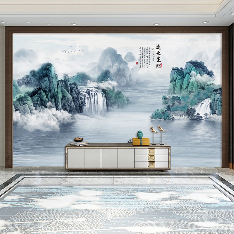 2023新中式山水电视背景壁纸办公室书房水墨意境装饰壁画客厅墙纸
