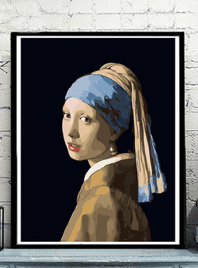diy数字油画 客厅人物大幅手工手绘填色装饰画 戴珍珠耳环的少女