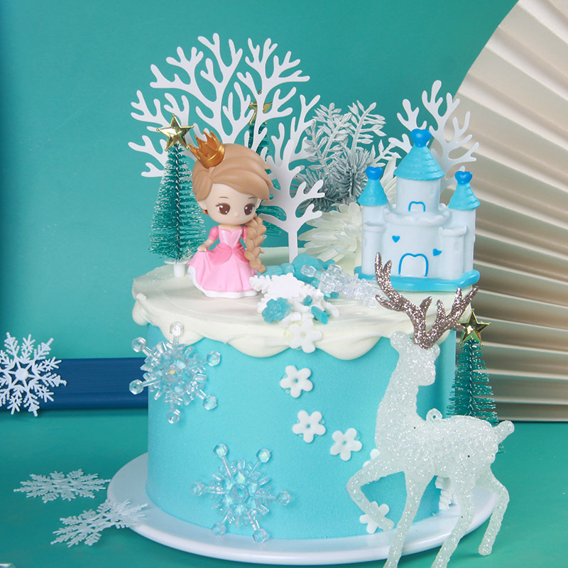 圣诞烘焙雪花装饰双层蛋糕冰雪公主生日打桩支架甜品装扮白鹿摆件