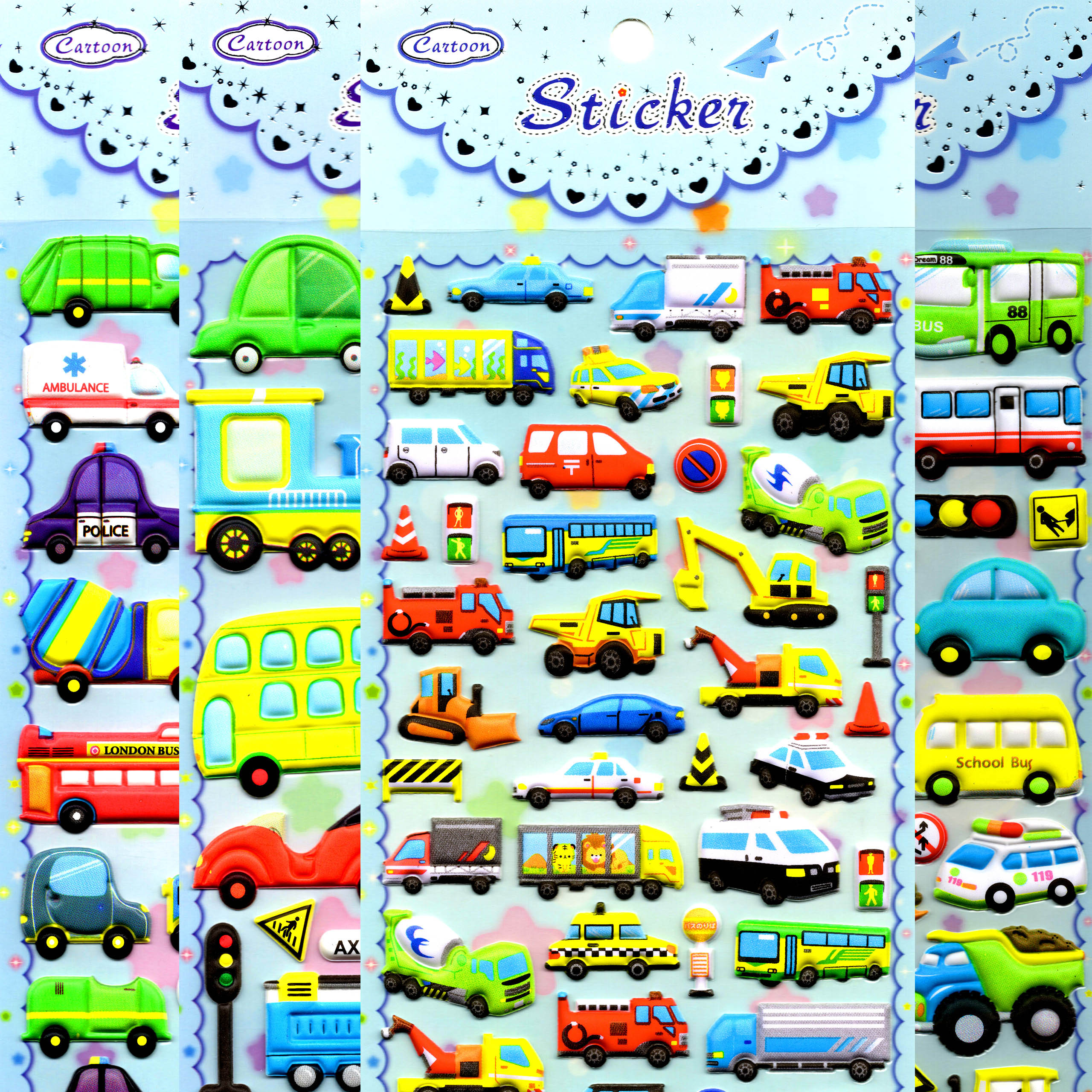 交通工具贴纸儿童男孩益智玩具小汽车公交车警车立体3d泡泡粘贴画
