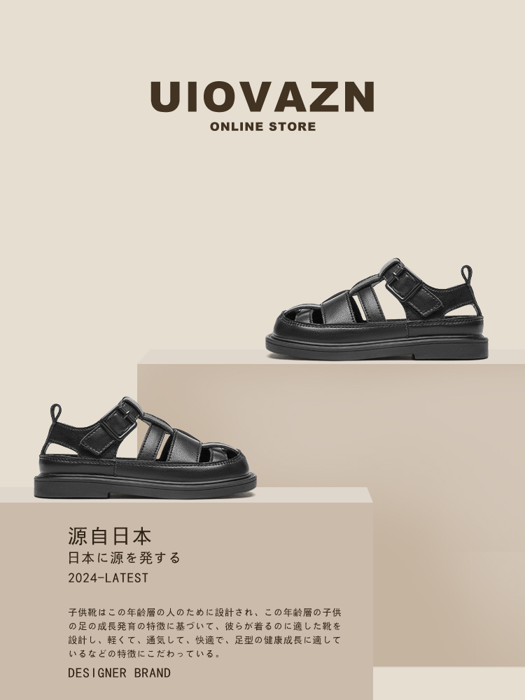 日本Ulovazn童鞋~儿童凉鞋2024新款洋气时尚黑色包头男女童小皮鞋