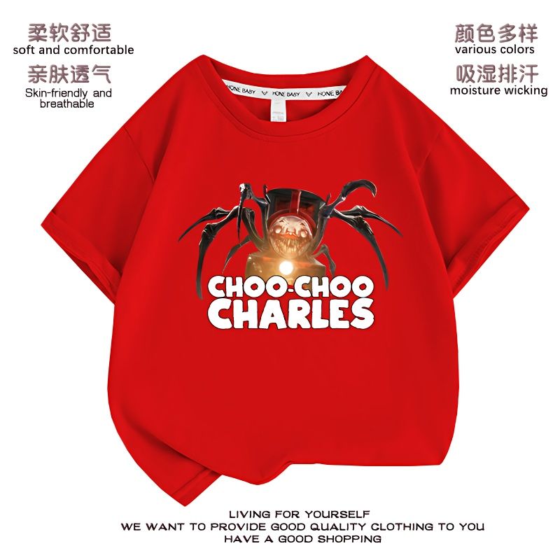 查尔斯小火车游戏衣服儿童短袖t恤夏装男童纯棉蜘蛛印花图案上衣