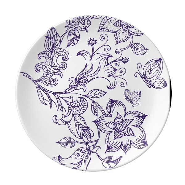 浅紫色花纹蝴蝶植物纹样陶瓷餐盘子8寸月光盘餐具家居礼物