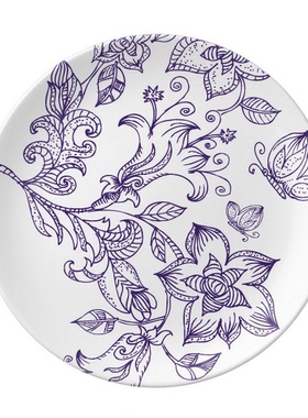 浅紫色花纹蝴蝶植物纹样陶瓷餐盘子8寸月光盘餐具家居礼物