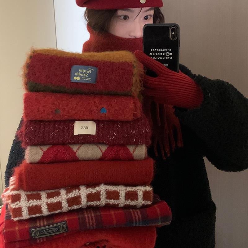 圣诞新年红色围巾帽子女冬季2024新款高级感保暖防寒可爱百搭礼物