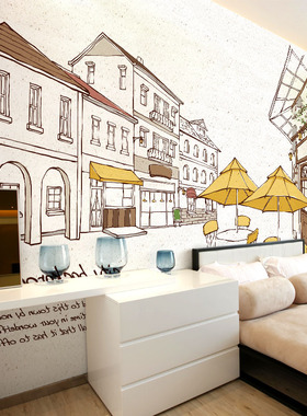 艺术手绘城市街景墙纸餐厅咖啡厅墙布客厅酒吧3d壁纸ktv个性壁画