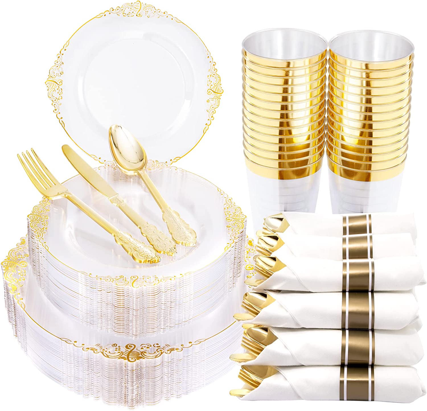 包邮25个装烫金透明餐盘套装一次性金边浮雕盘PS硬塑料盘外贸餐盘