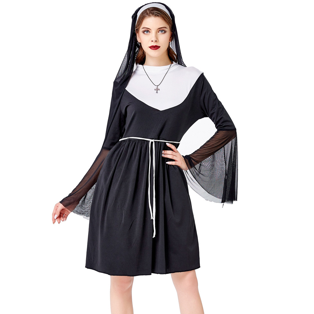 新款万圣节COS修女演出服 中世纪修女连衣裙 化妆舞会邪恶修士服