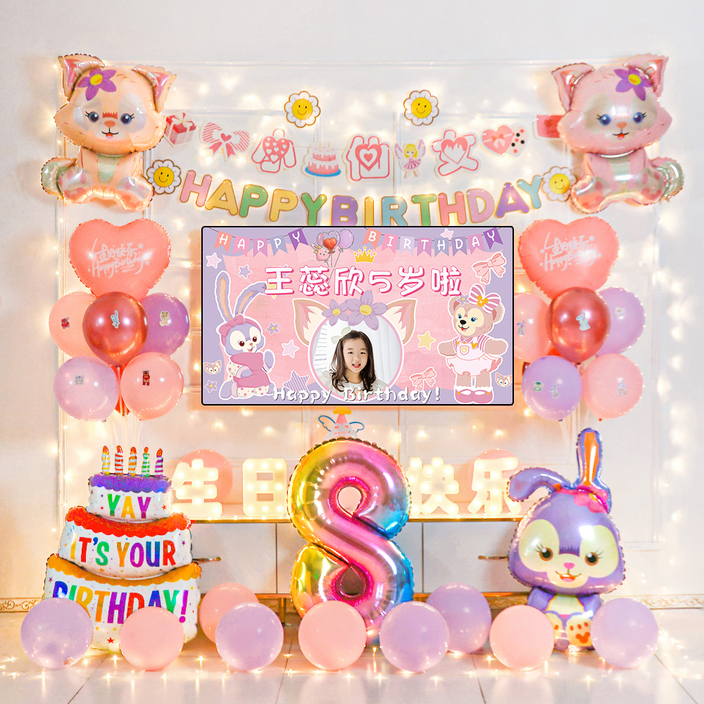 星黛露主题儿童生日场景布置装饰气球女孩周岁女童电视投屏背景墙