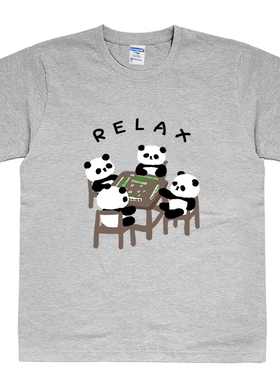 熊猫打麻将图案短袖T恤创意手绘插画趣味文艺简约小众设计感男女L