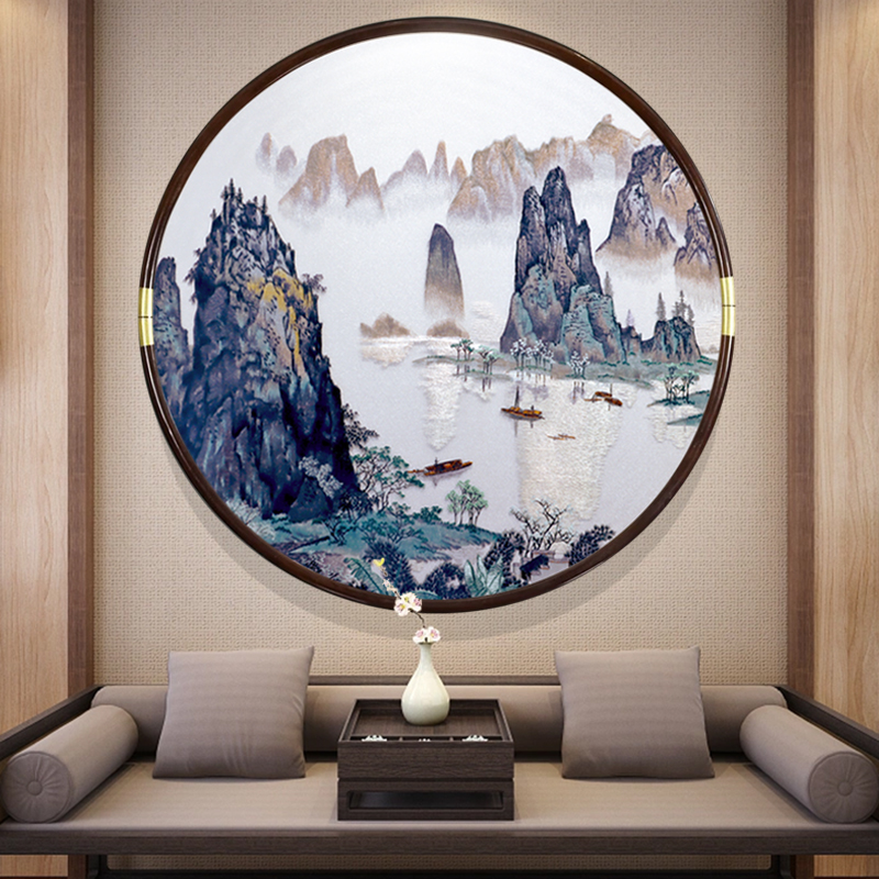 新桂林山水苏绣风景客厅圆形装饰画新中式入户玄关过道沙发墙壁挂