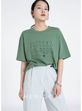 DOROTHY丨创意数字图案纯棉短袖T恤女2022新款宽松圆领情侣上衣潮