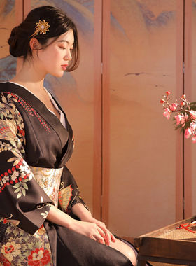 新款和服浴衣女日式传统四季改良黑色系霸气和风服装日本和服套装