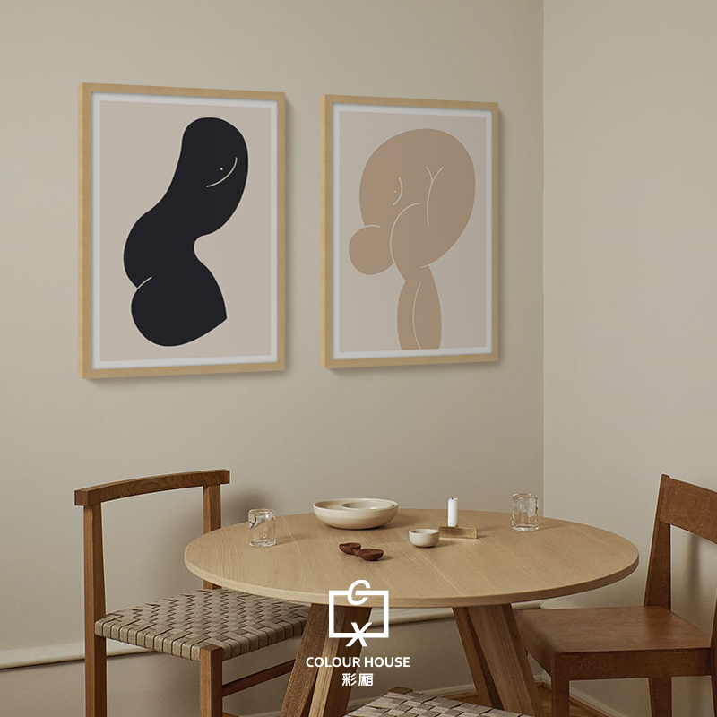 北欧现代抽象艺术卡其米色黑色人脸色块客厅卧室玄关双联组合画