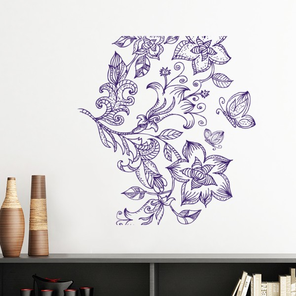 浅紫色花纹蝴蝶植物纹样墙贴壁纸房间贴花