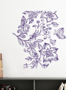 浅紫色花纹蝴蝶植物纹样墙贴壁纸房间贴花