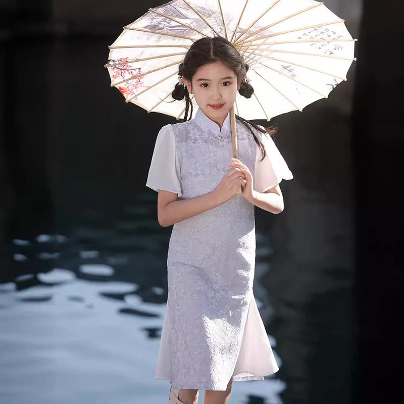 女童旗袍中国风连衣裙2024儿童夏蕾丝短袖气质新中式司藤款最新款