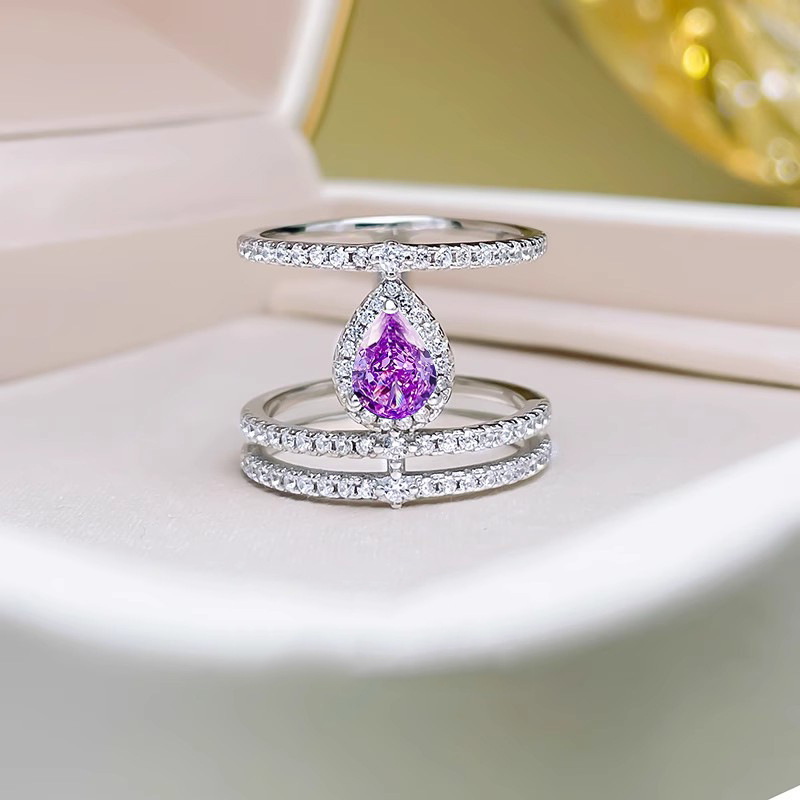 轻奢网红直播高碳钻水滴紫钻戒指女时尚个性高级感彩宝冰花切镶钻