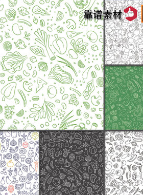 黑白线描素描线条蔬菜瓜果海鲜服饰面料墙纸印花图案AI设计素材