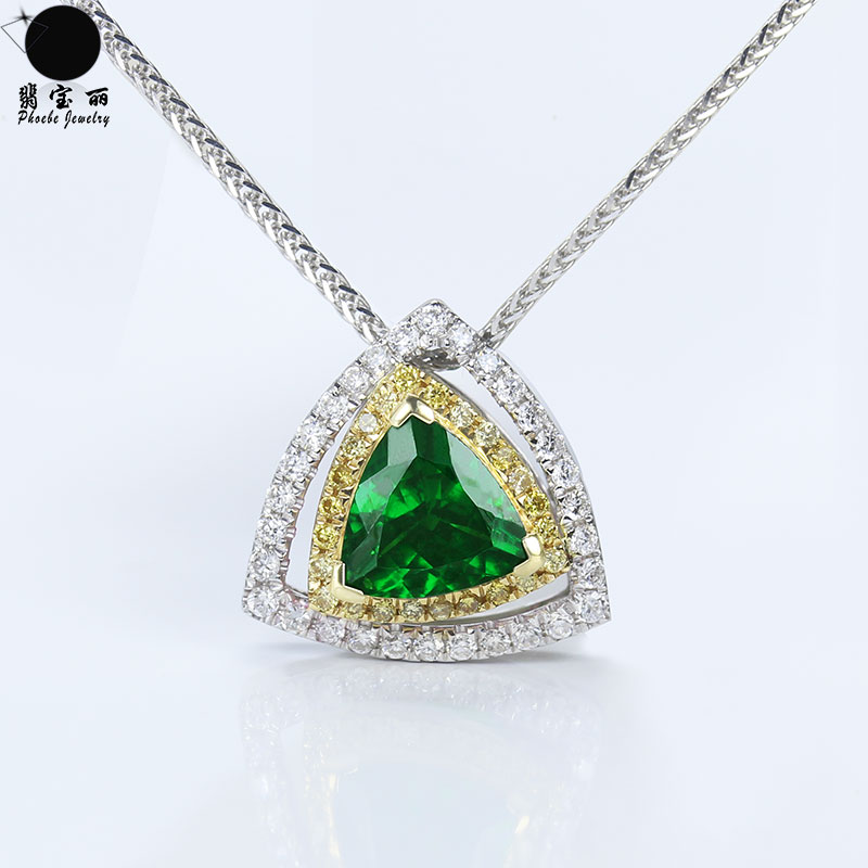 奢华18k白黄金三角形翠绿天然沙弗莱吊坠 绿色宝石钻石项链可定制