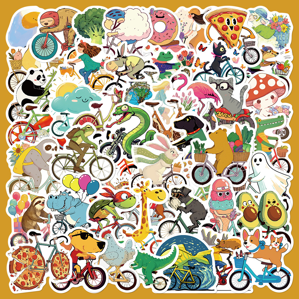 50张骑自行车的动物贴纸透明手机壳DIY充电宝装饰小图案防水贴画