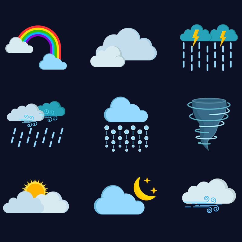 天气预报图标Icons阴晴雨雪多云太阳彩虹龙卷风平面动画MG055