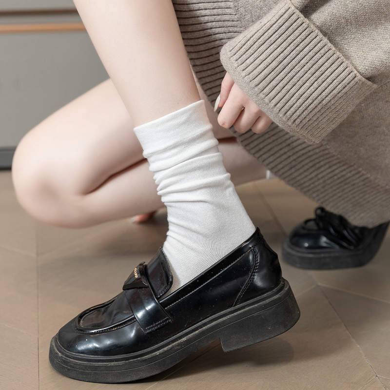 日本进口无印良品堆堆袜子女春夏纯棉中筒袜白色搭配小皮鞋乐福鞋