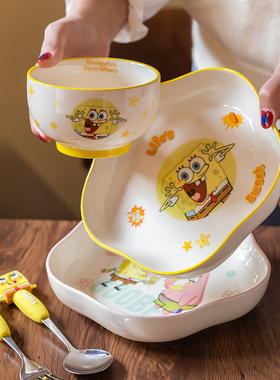可爱派大星陶瓷餐具家用儿童碗卡通不锈钢叉勺沙拉碗好看的吃饭碗