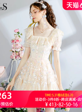 艾丽丝2024夏季新款仙气刺绣短款公主裙优雅蕾丝短袖蛋糕连衣裙女