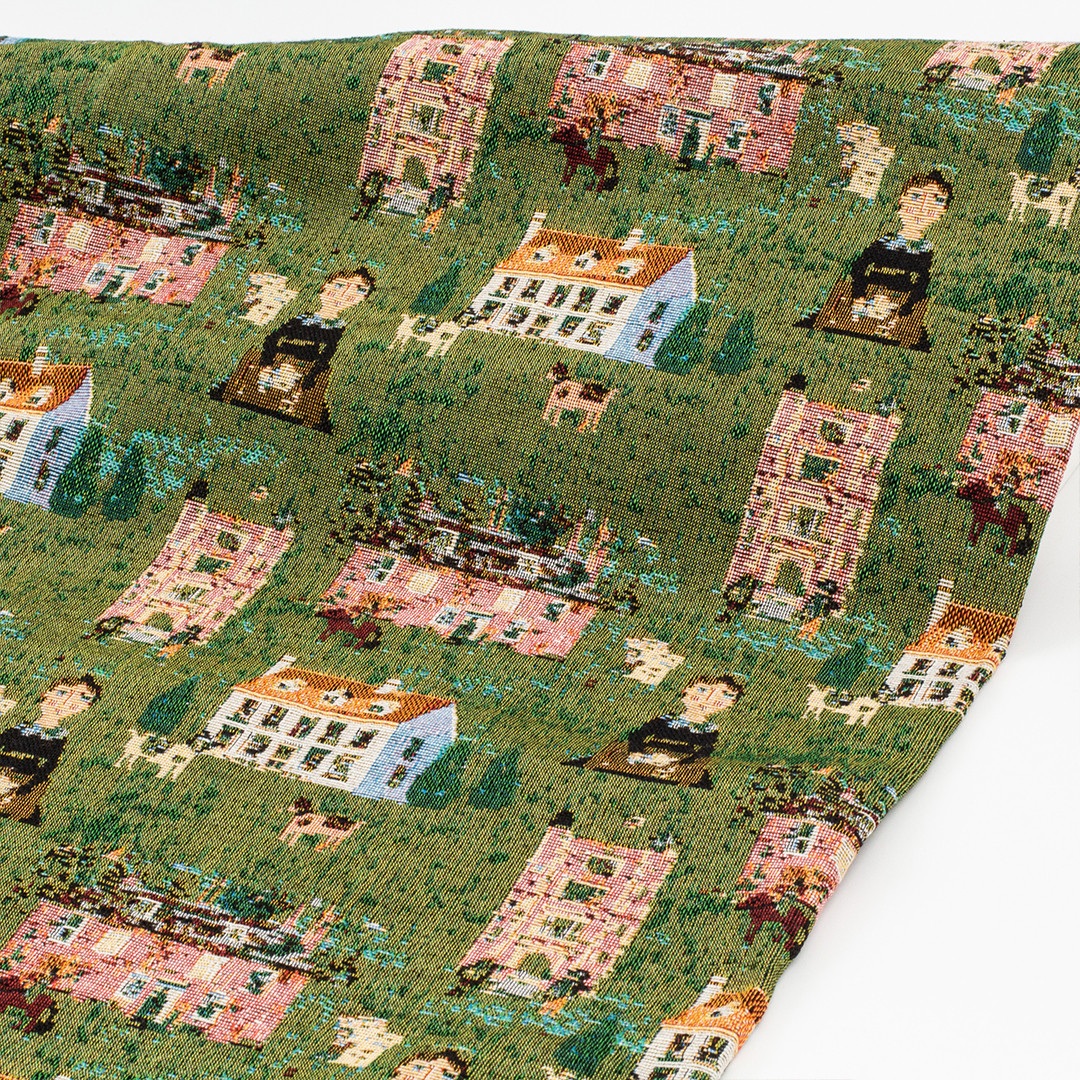 加厚廓形 绿色童话镇油画风房子和小女孩提花面料手抱枕包包布料