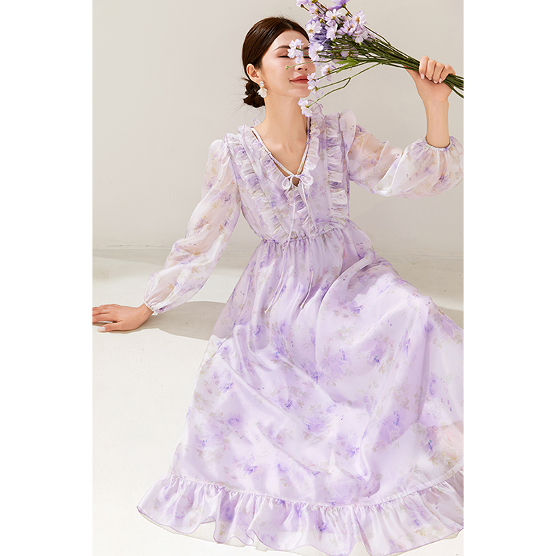 美妃女装连衣裙2024春夏新款法式气质高端漂亮今年流行紫色公主裙
