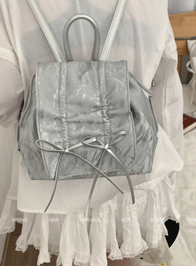 褶皱蝴蝶结双肩包包女式2024新款潮时尚甜美背包大容量手提旅行包